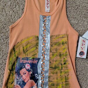 Sexy peach colored Spy t shirt with lace up detail Small Sleeveless graphic